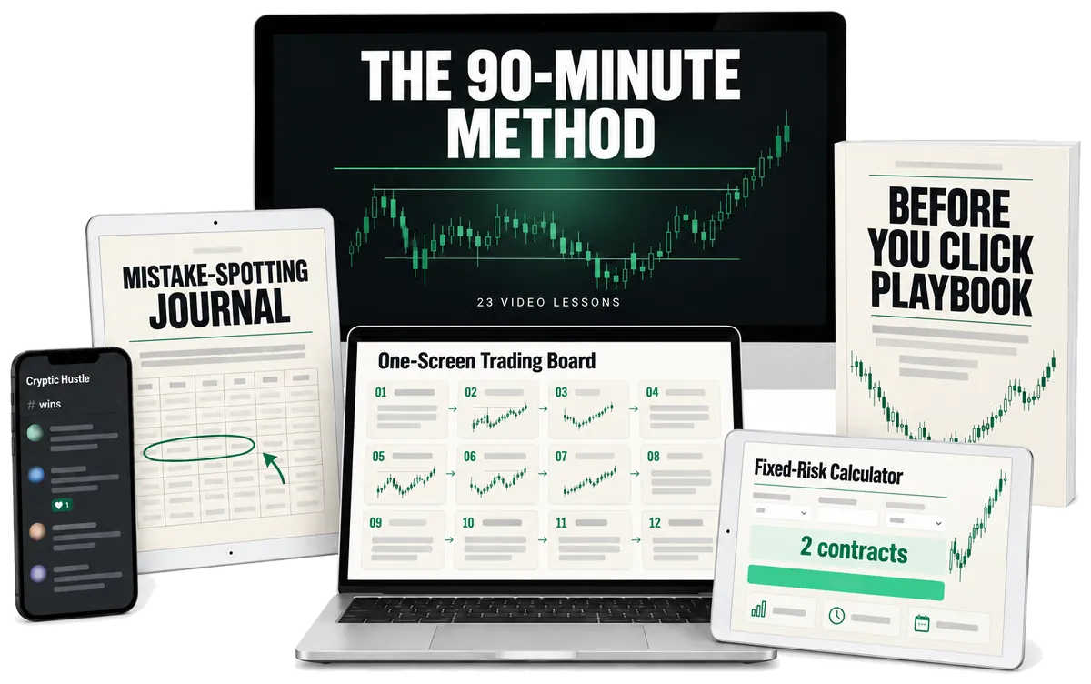 Everything inside the 90-Minute Method: the course, the journal, the trading board, the playbook, the calculator and the community