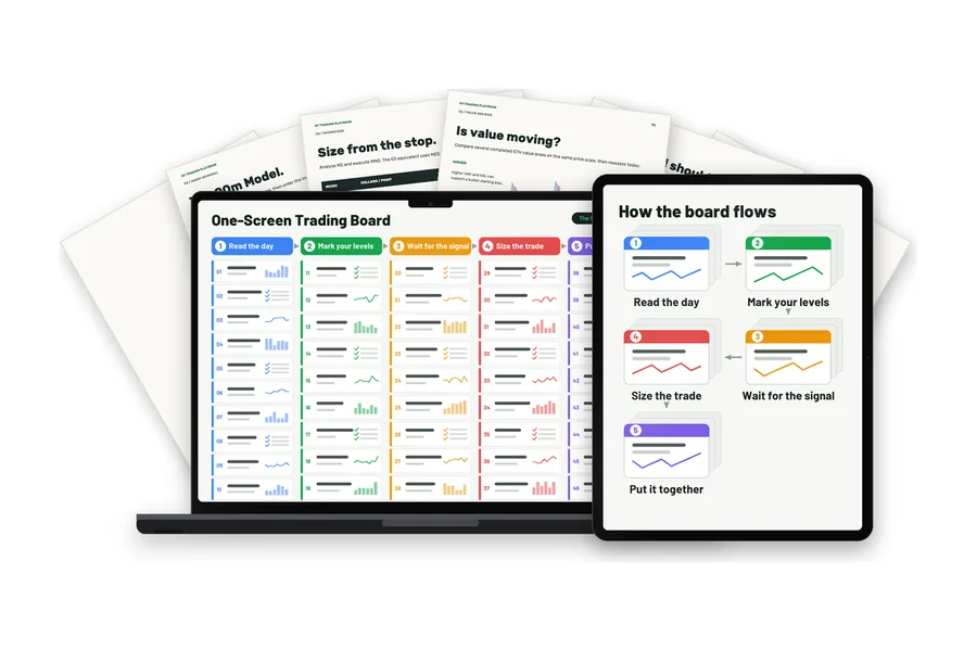 The trading board on a laptop, how it flows on a tablet, and some of its cards printed